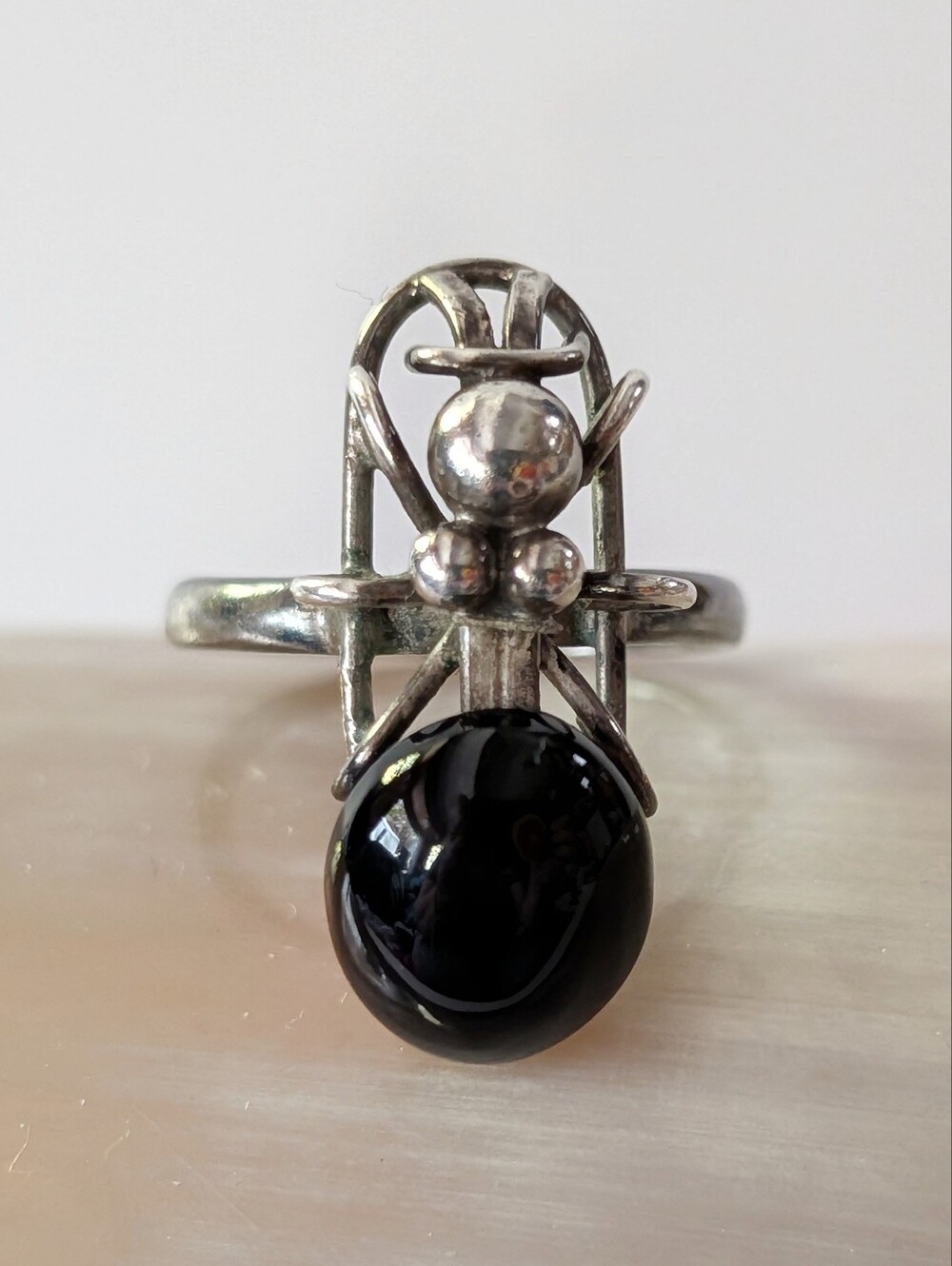 Vintage Sterling Silver & Black Onyx Ant Insect Ring Size 7 1/2 Bug Jewelry 4.3g